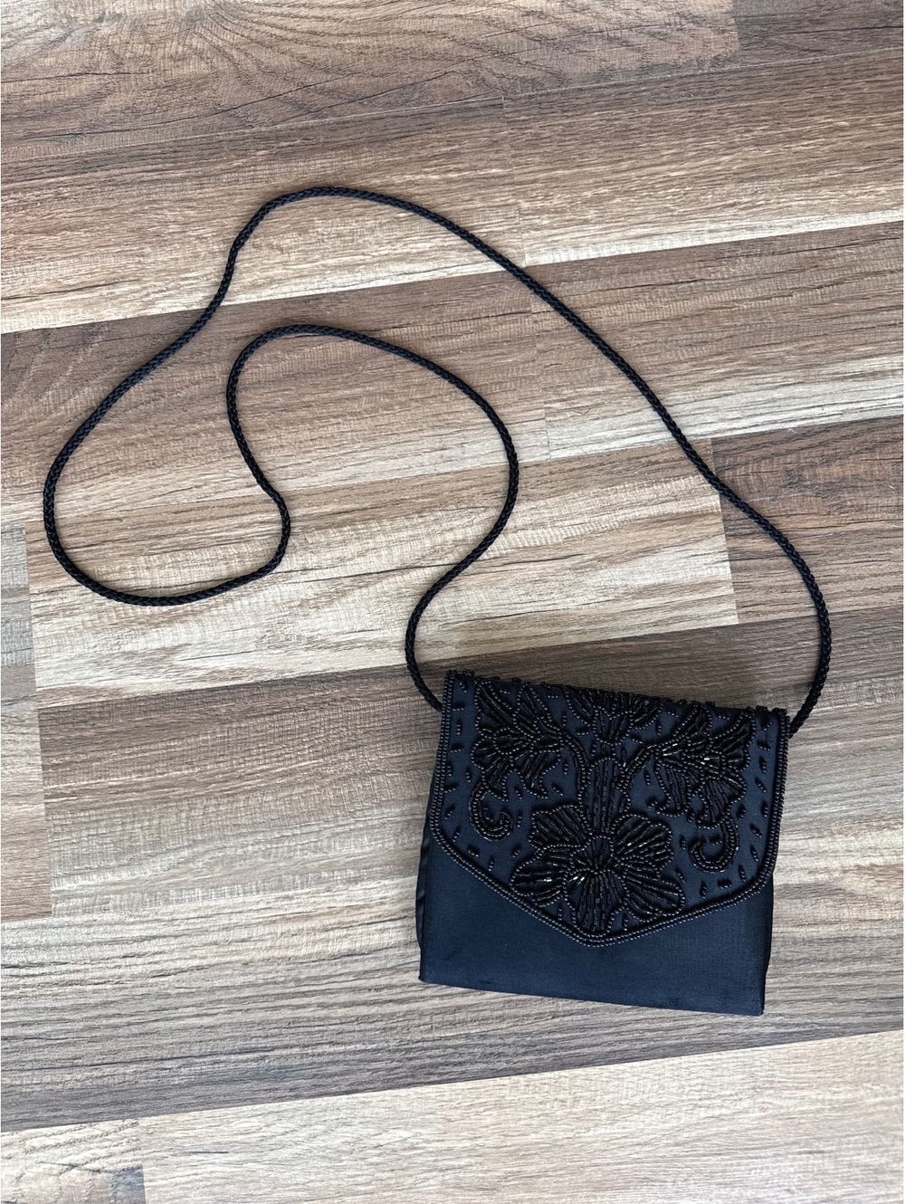 La Regale Black Beaded Floral Mini Crossbody Bag Evening Purse 6x5 Vintage Style